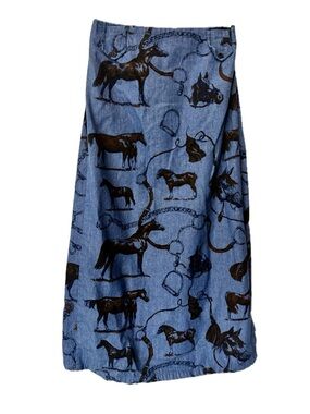 Vintage Ivory Coast Equestrian Horse Print Wrap Midi Skirt Cotton M Western